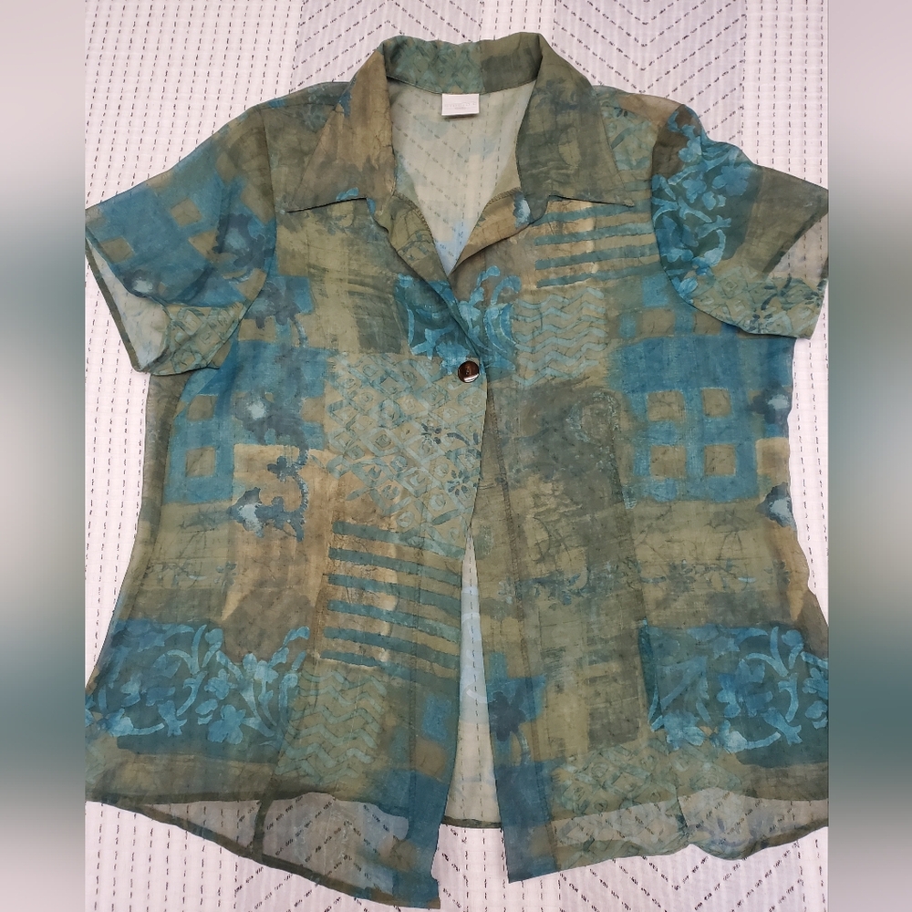 Studio C Plus Sheer Button Front Blouse Green Blue Abstract Boho Lightweight Top